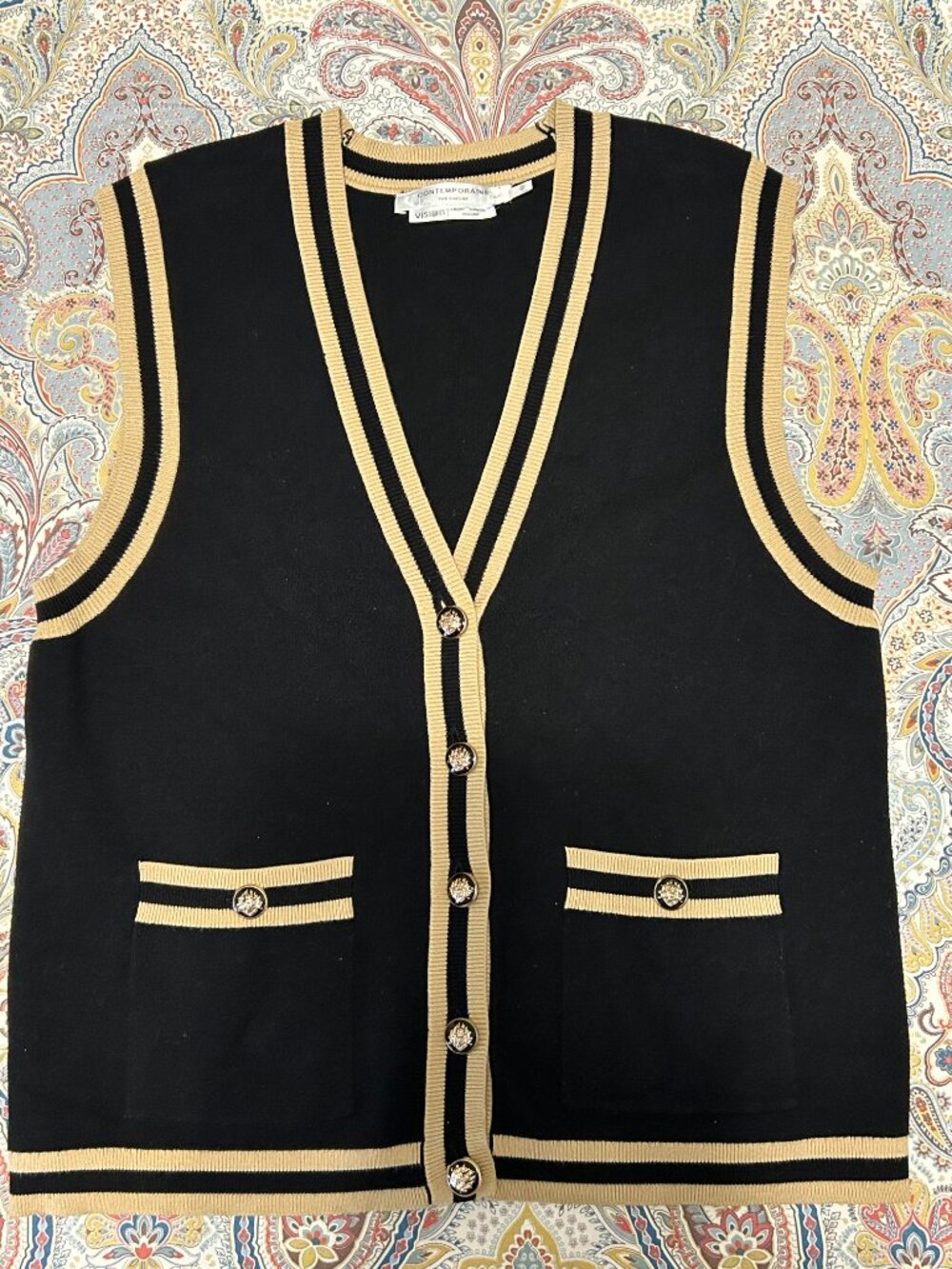 Contemporaine by Simons Women's College Cardigan Vest Black & Gold